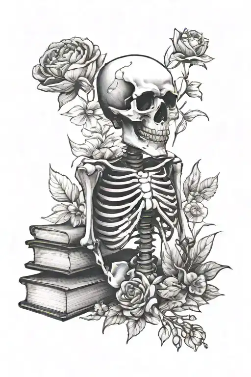 Skeleton With Books And Flowers