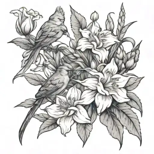 Larkspur Aster Marigold Narcissus Carnation Gladiolus Flowers With A Cardinal Bird