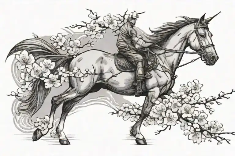 Horse Chasing A Plane Flying In The Sky Through Cherry Blossom