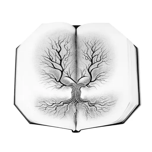An Intricate Black And Grey Tattoo Of A Tree Of Life Growing From An Open Book
