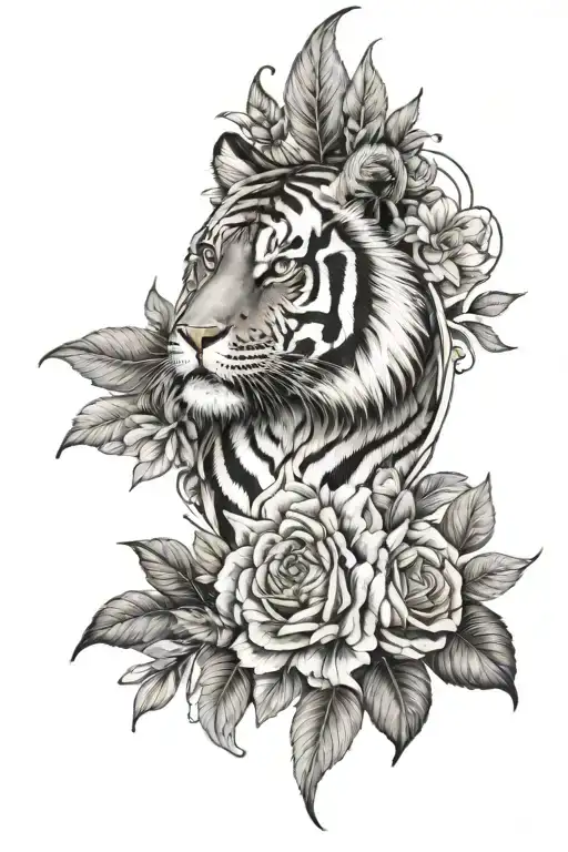 Tiger Eye Surrounded With Flowers And Leaves