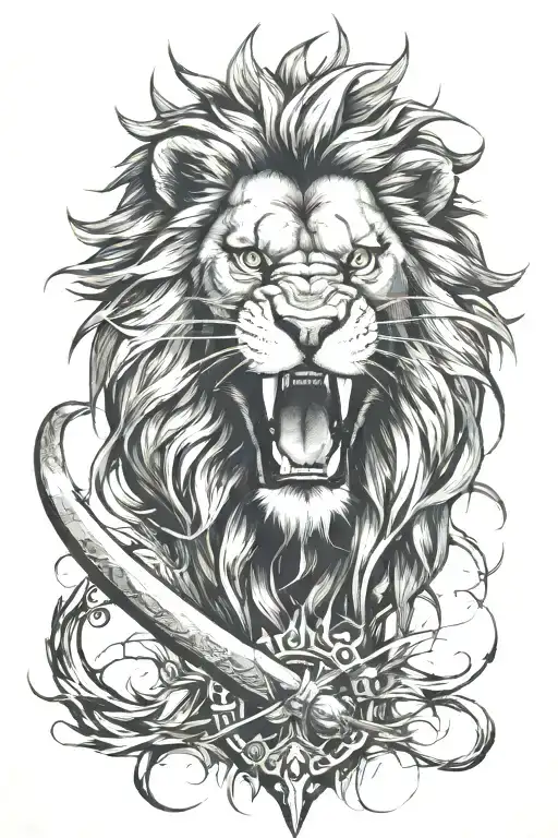 Portrait Of A Roaring Lion Head With Thorns Around Its Head With A Sword Coming Out From Its Mouth