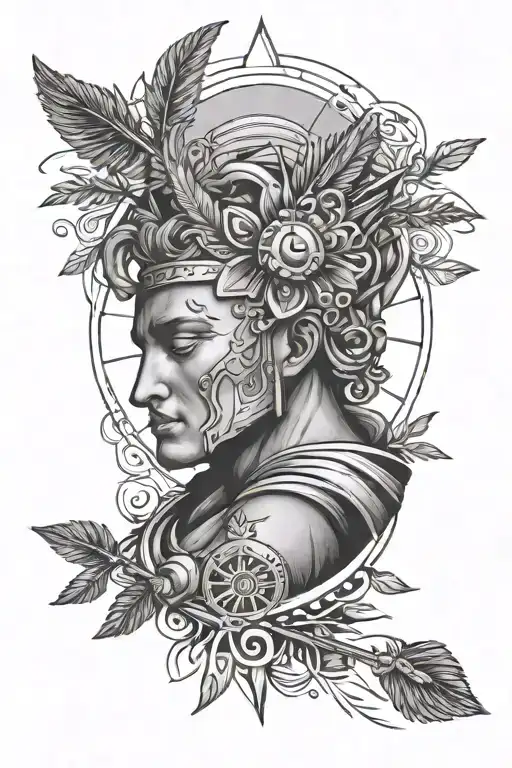 Apollo Upper Body Tattoo With Sun And Bag Of Arrows