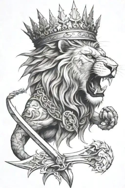 Roaring Lion Head Wearing A Crown Made Of Thorns With A Sword Coming Out From Its Mouth