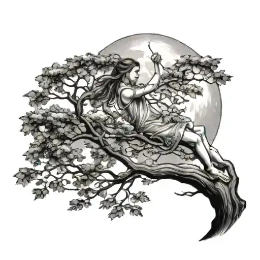 Girl Swinging In Tree In Forest With Moon