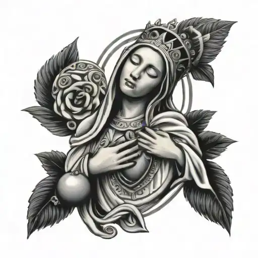 Virgin Mary Holding Sacred Heart With Aztec Background