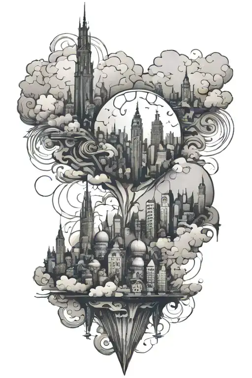 City In Clouds Fading With Broken Glass