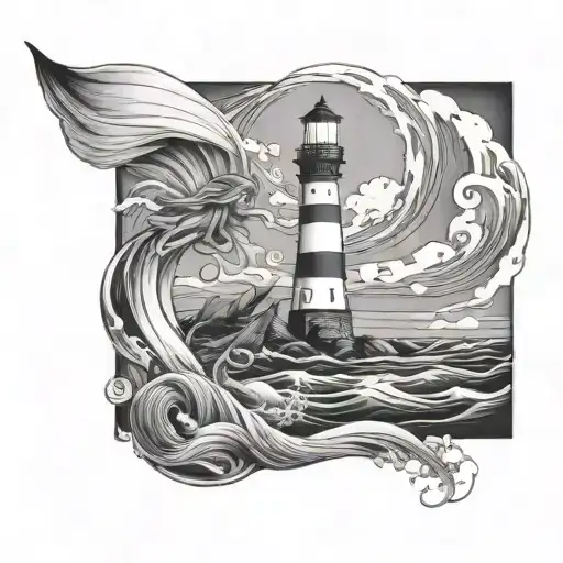 Lighthouse And Ocean And Waves And Mermaid