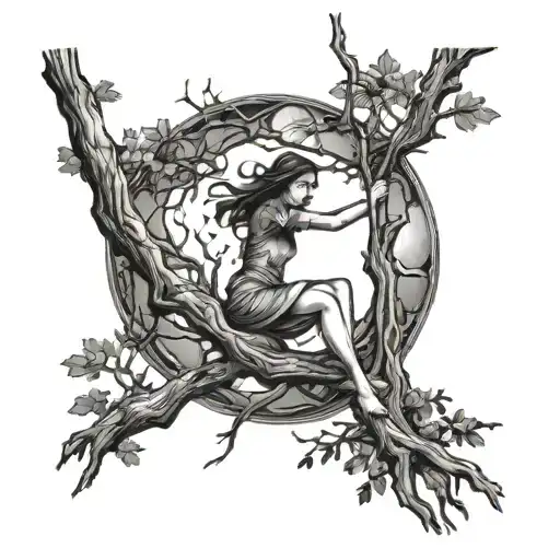 Girl Swinging In Tree In Forest With Full Moon