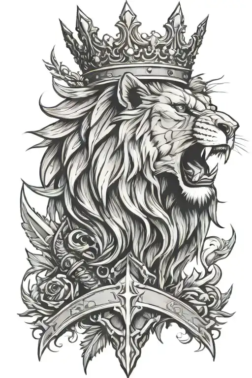 Roaring Lion Head Wearing A Thorny Crown With A Sword Coming From Its Mouth