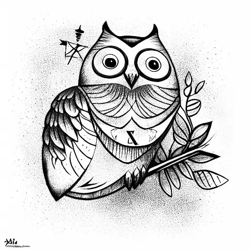 Owl With A Compass Surrounded By Trees