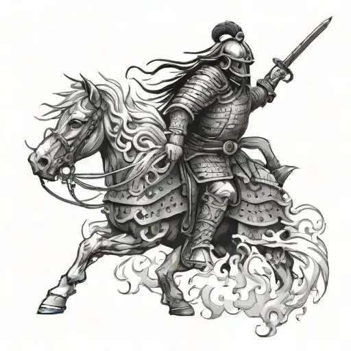 Harakiri Samurai In Armor Suffering Among Flames Of Fire