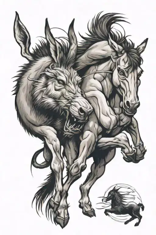 Crazy Looking Donkey Is Fighting And Winning Against Wolf