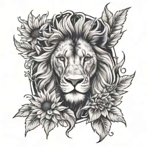 Lion Face Split In Half With Sunflowers On One Side