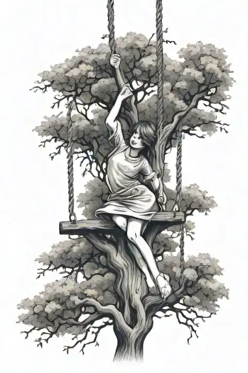 Girl Swinging On Tree