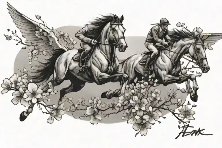 Plane Flying In The Sky Whilst A Horse Chases Behind Through Cherry Blossoms