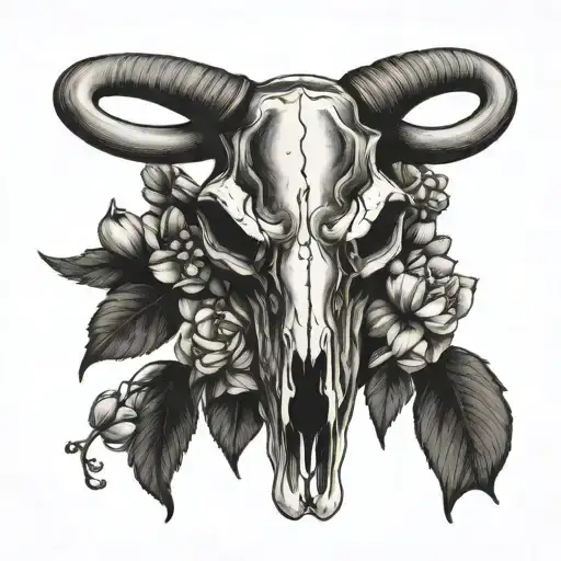 Bull Skull Above Full Moon Hawthorn Flowers Lilly Of The Valley