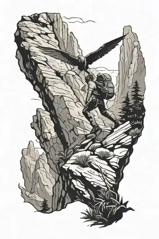 Hiker Climbing A Mountain With Pterodactyl Flying