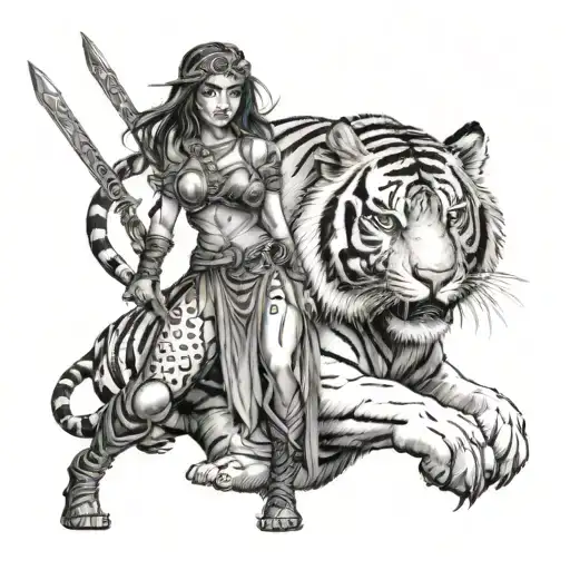 Women Warrior And Tiger Standing