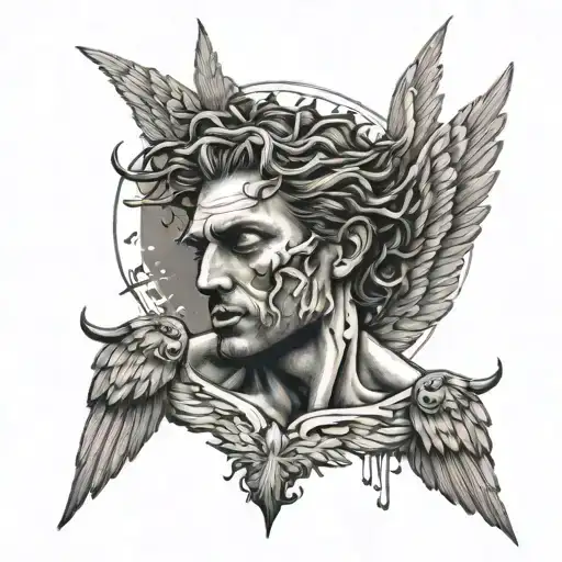 Icarus Falling From The Sky With His Face Melting In Two As He Deals With Inner Turmoil