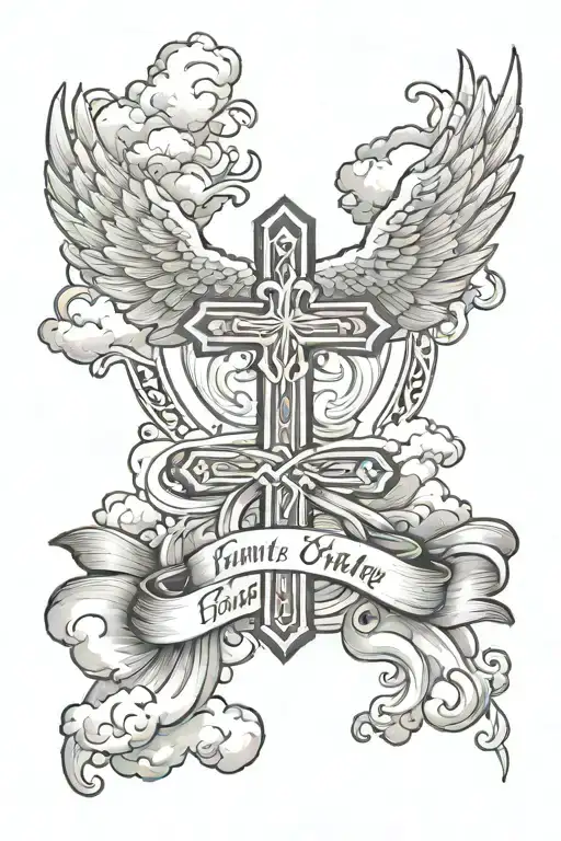 A Cross With Clouds And Something To Symbolize Family And Red Text And Angel Wings
