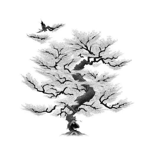 Mulan And Mushu Standing On A Tree Branch Surrounded By Cherry Blossoms