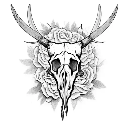 Bull Skull With Flowers And Barbed Wire