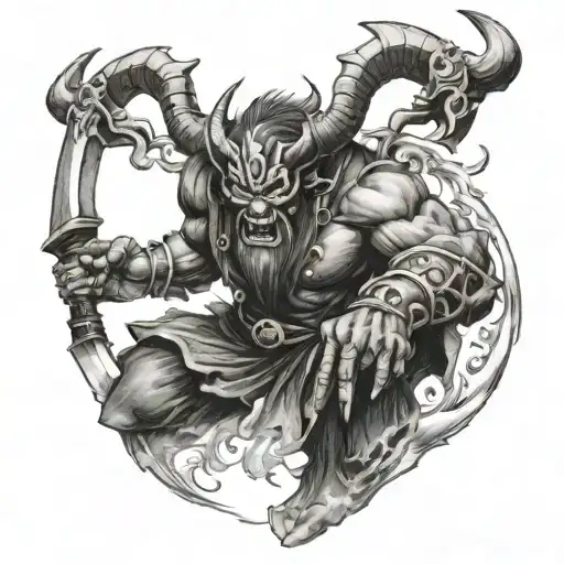 An Oni Demon Wielding 2 Axes Mid Battle