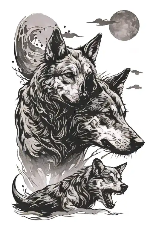 Chinese Ink Brush Style Of Wolf And Cattle Dog Together