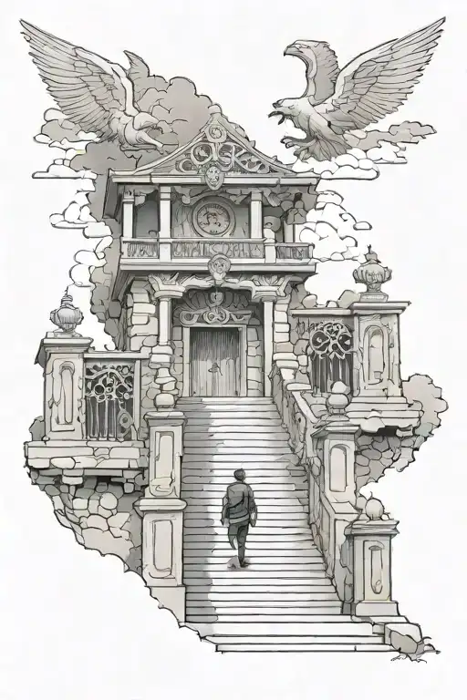 Man Walking Up Stairs Of Heaven With Gate At The End