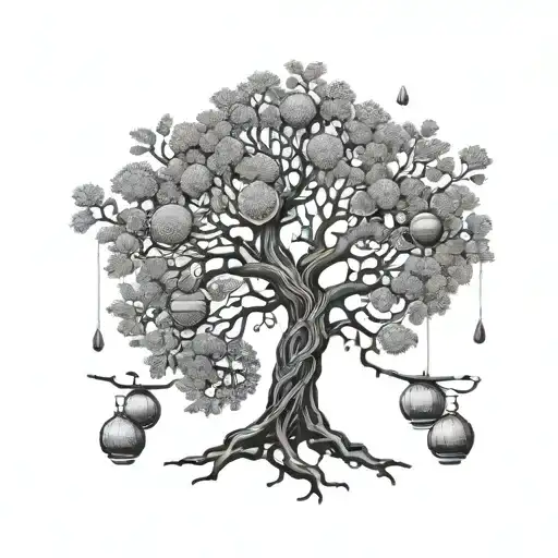 Intricate Dotwork Design Of A Tree Growing Barbells