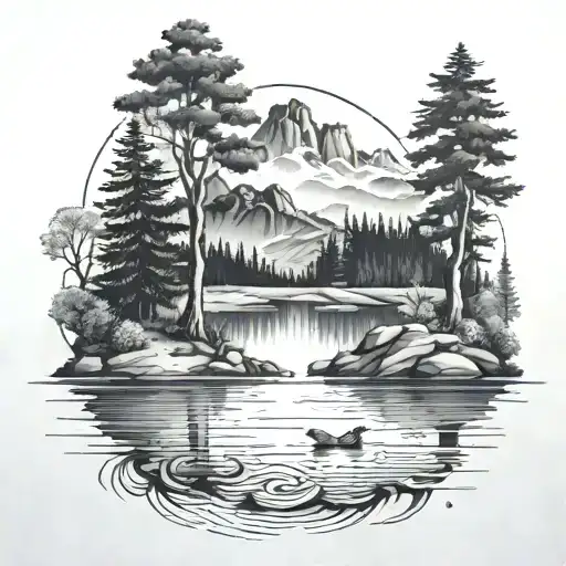 Black-grey Tattoo Of A Tranquil Lake Surrounded By A Gym Built Into Nature