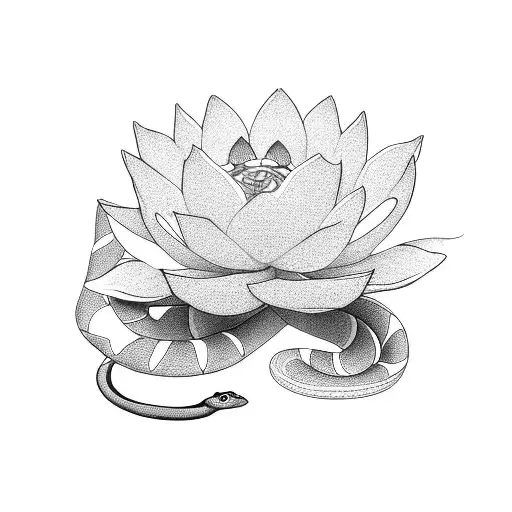 Snake Meandering Through Lotus Flowers In Black And White