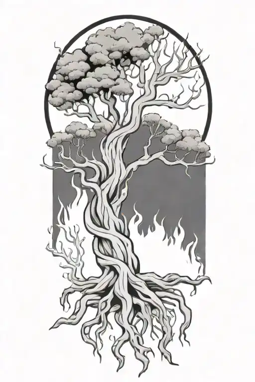 Twisted Tree With Sprawling Branches On Fire Flames And Roots