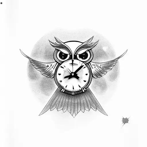 Owl With Outstretched Wings And A Clock On Its Legs