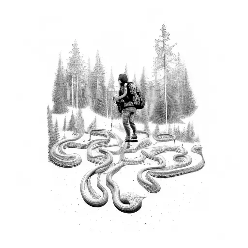 A Hiker Exploring A Mystical Forest Filled With Snakes