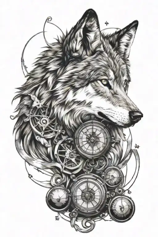 Realistic Wolf Face With Old Compass Intertwined