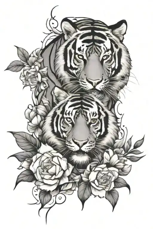 Tiger Sleeve Tattoo With Large Flowers Surrounding
