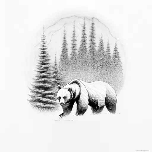 A Serene Forest Scene With A Bear Peacefully Roaming