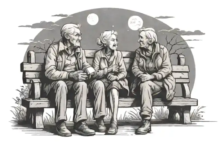 Old Couple On A Bench Watching The Moon
