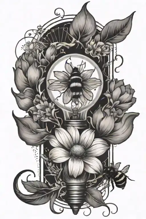 Tie In A Cosmos Flower With A Bee Flying Onto It And A Lightbulb With Roots Growing Out Of It