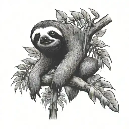 Sloth Climbing A Cecropia Tree Branch