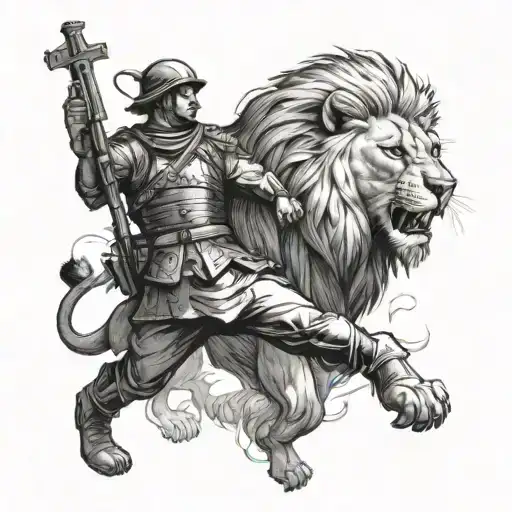 Soldier In Battle With A Lion Watching Over Him