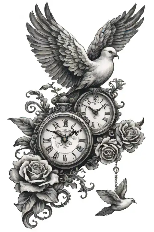 Clouds Surrounding Clock Dove Flying Bottom Of Clock And Baby Angel