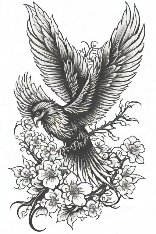 Phoenix Wings Spread And Cherry Blossom Flower Growing