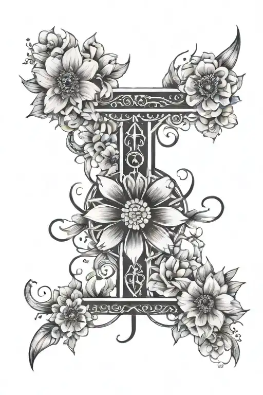 Fine Line Straight Down The Spine Tattoo With Flowers And Cancer Astrology Symbols