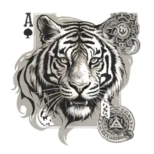 Roaring Tiger With Scar In The Eye And Ace Playing Cards