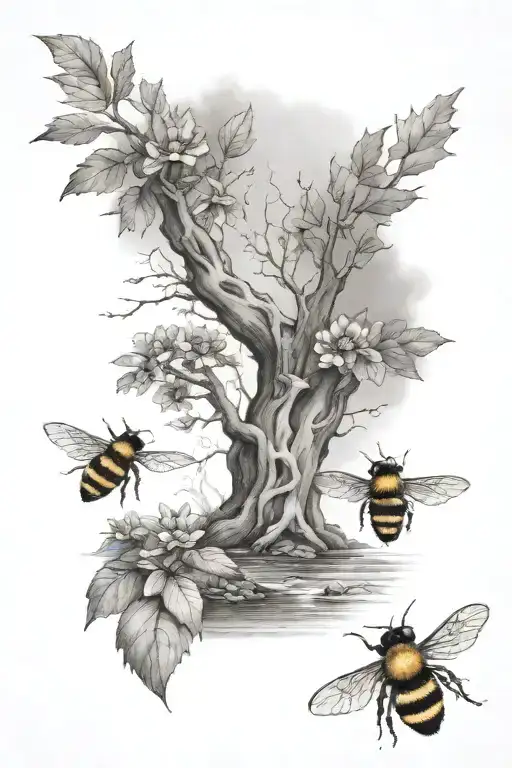 Deep Rooted Tree Next To A Brook Of Water With A Bumblebee Flying Through