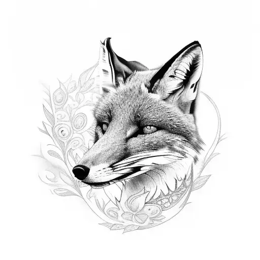 A Black-grey Tattoo Featuring A Fox Surrounded By Intricate Floral Patterns