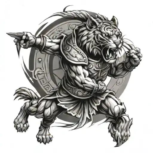 Spartan With A Shield Of A Roaring Tiger With Battle Scars